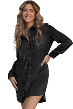 Load image into Gallery viewer, Black Sequin Splicing Pocket Buttoned Shirt Dress
