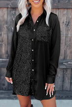 Load image into Gallery viewer, Black Sequin Splicing Pocket Buttoned Shirt Dress

