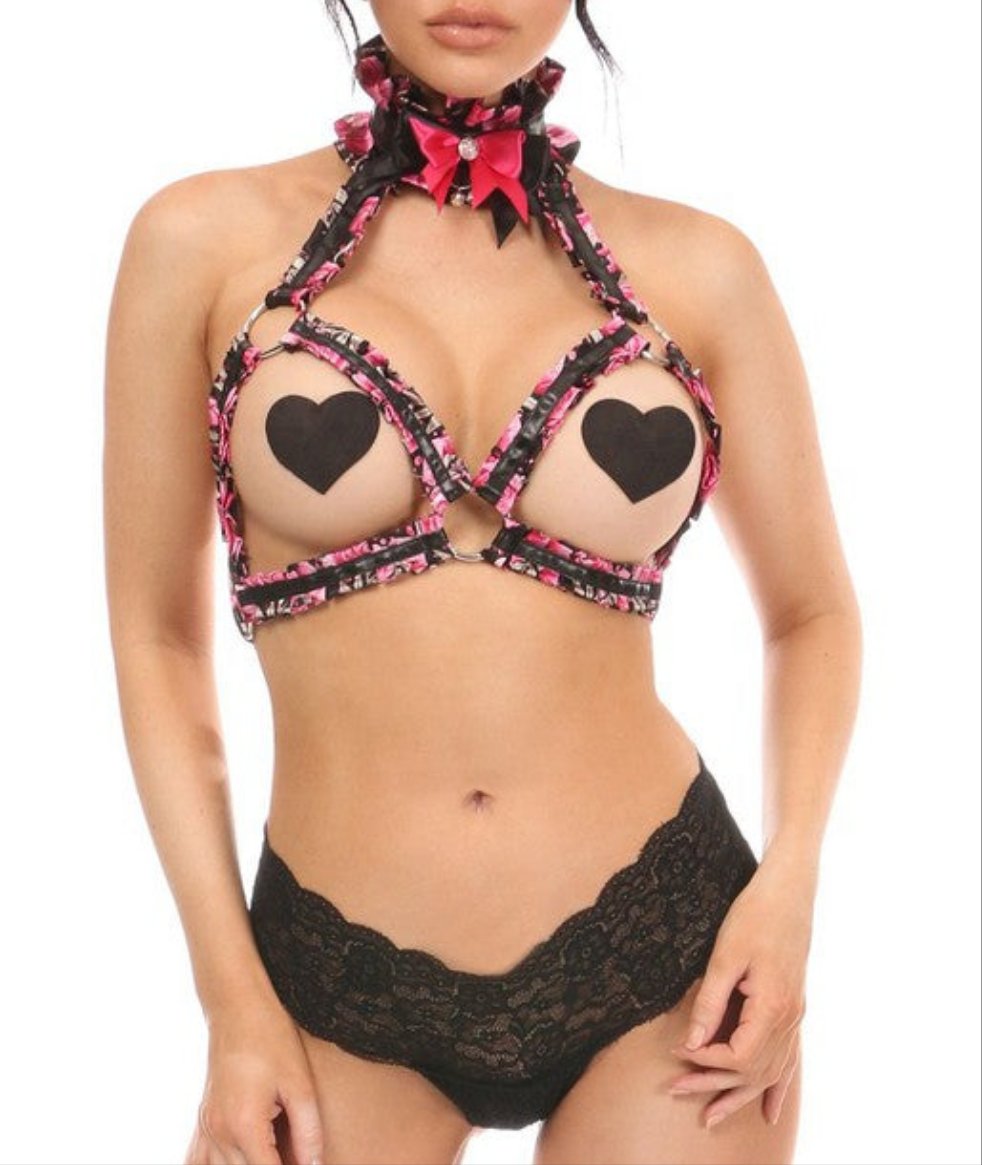 Kitten Collection Pink Floral Satin Body Harness