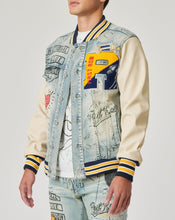 Load image into Gallery viewer, LEATHER/DENIM VARSITY JACKET
